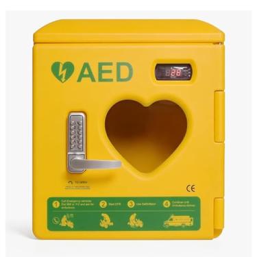 Imagem de Caixa de alarme AED de aço montada na parede, gabinetes de armazenamento de desfibrilador AED com sistema de controle de temperatura e alça, faixa de temperatura definida de -50-120 ℃, para a maiori