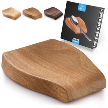 Imagem de Descanso de colher de madeira de acácia Zulay para cozinha - Suporte de colher de madeira liso para fogão com pés de silicone antiderrapantes - Suporte perfeito para espátulas, colheres, pinças e mais