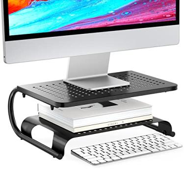 Imagem de WALI Suporte de elevação de monitor, suporte de elevação de suporte de mesa de computador, prateleira de mesa de metal ventilada de 2 níveis para organizador de mesa (STT001B), 1 pacote, preto
