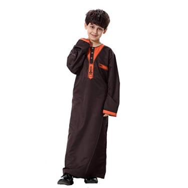Imagem de Blusa térmica masculina de manga comprida Thobe Pure Dresses Topcoats Muçulmano Middle Blouse Boys Camiseta de manga comprida grande, Café, 12-13 Anos