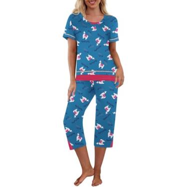 Imagem de Ekouaer Conjunto de pijama feminino de manga curta, calça capri e pijama macio, Ovelha azul, P