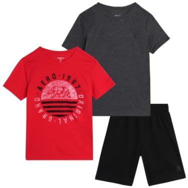 Imagem de AEROPOSTALE Conjunto de shorts para meninos - camiseta de manga curta de 3 peças e shorts de moletom de lã - Roupa de verão para meninos (4-12), Cinza/Preto/Vermelho, 5/6