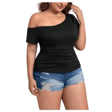 Imagem de SOLY HUX Camisetas femininas plus size, ombros de fora, manga curta, franzida, verão, Preto liso, 3G Plus Size