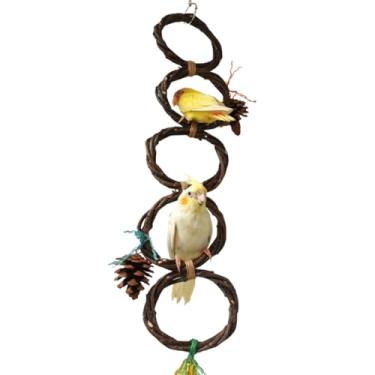 Imagem de Suporte circular de palha para pássaros, poleiros de pássaros, brinquedo de mastigar para papagaios, acessórios para gaiolas de parquinho de pássaros, escada de rede de corda de escalada para