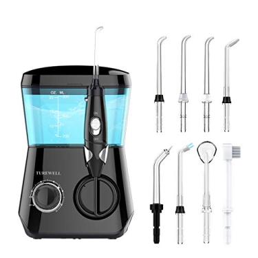 Imagem de TUREWELL Irrigador oral com fio dental, limpador dental de dentes de água de 600 ml, 10 pressões ajustáveis, fio dental elétrico oral para dentes/aparelhos, 8 pontas de jato de água