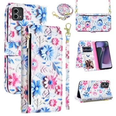 Imagem de Dswteny Capa carteira para Motorola Moto G Stylus 5G 2023 com alça de pulso, alça de ombro, 9+ compartimentos para cartões, bolsa com zíper, capa de celular de couro floral para GStylus G5 XT2317DL