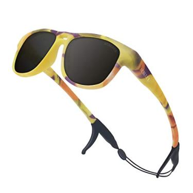 Imagem de ACBLUCE Óculos de sol infantis TPEE armação inquebrável polarizada com alça ajustável para meninos e meninas de 5 a 12 anos, Armação de tartaruga amarela/lente cinza, kids