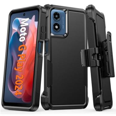 Imagem de FNTCASE Capa para Motorola Moto G-Play-2024: Proteção resistente contra quedas com clipe de cinto robusto e suporte capa protetora de celular durável à prova de choque de grau militar (preto)