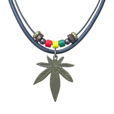 Imagem de Colar de folha de bordo de camada dupla com pingente de folha de bordo rasta xadrez hippie masculino feminino, Medium, Aço inoxidável, Sem Pedra Preciosa