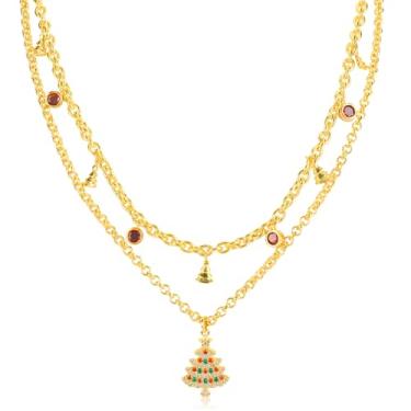Imagem de Colar feminino com pingente de rena de árvore de Natal em camadas banhado a ouro 14K, chifre de veado, cabeça de alce, gargantilha com pingente colorido redondo de zircônia cúbica ajustável, joia de