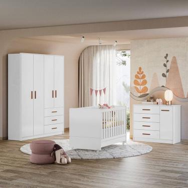 Imagem de Jogo De Quarto Completo Infantil Bebê Guarda Roupa 4 Portas 3 Gavetas Cômoda 4 Gavetas 1 Porta Berço Mini Cama Perola