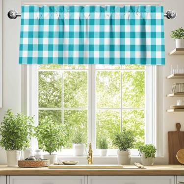 Imagem de Cortinas de sanefa azul-petróleo para janelas, com bolso de haste, 137 x 45,7 cm, revestimento curto xadrez aqua leve, tratamento de janela para decoração de cozinha e sala de estar, cortinas de