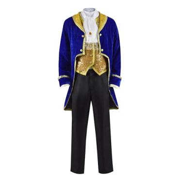 Imagem de Fantasia masculina de besta de príncipe real, cosplay de Halloween, casaco de veludo azul brocado, conjunto de terno, Azul, P