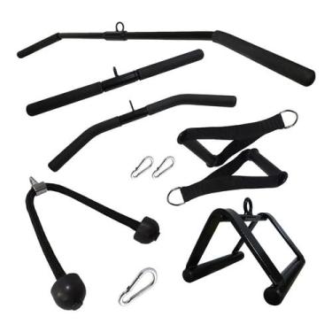 Imagem de Kit Barra Costas Reto Triangulo Curvo Corda Manopla Cross Puxadores Academia
