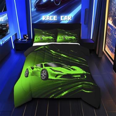 Imagem de Feelyou Conjunto de cama Queen com carro de corrida verde, para crianças, adolescentes, adultos, velozes e furiosos, conjunto de edredom verde ombré, 3 peças