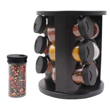 Imagem de Porta Temperos e Condimentos de Vidro com Suporte Giratório Redondo - Kit com 9 Potes de 85ml para Cozinha, Preto