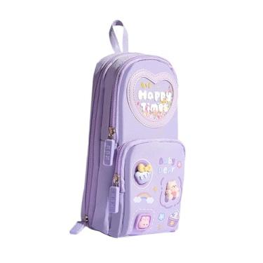 Imagem de IEUDNS Lápis Pen Case 3 Compartimento Polsa organizadora de artigos de papelaria para maquiagem Marker Makeup Brush Travel Boys Girls, Roxo E Urso