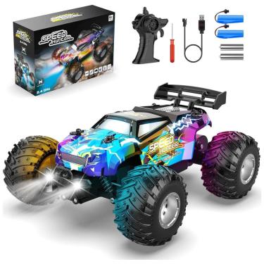 Imagem de Caminhão RC Off-Road 4x4 p/ Meninos c/ Luzes Coloridas, Alta Velocidade, 2 Baterias Recarregáveis - Brinquedo Divertido,AONEPTR