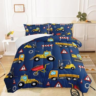Imagem de QOOMO Conjunto de edredom infantil de construção, para meninos e meninas, tamanho casal com desenho animado azul escuro, caminhão, carros, escavadeira, trator, edredom com 1 edredom e 2 fronhas