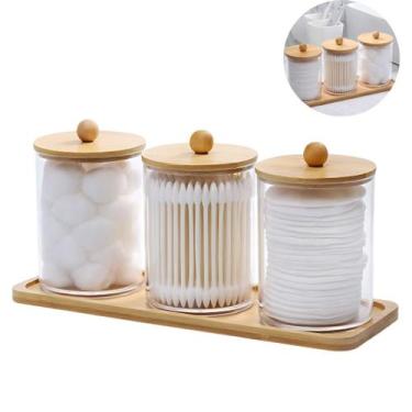 Imagem de Porta Algodão Triplo Organizador Acrílico Tampa Bambu Cotonete Discos 