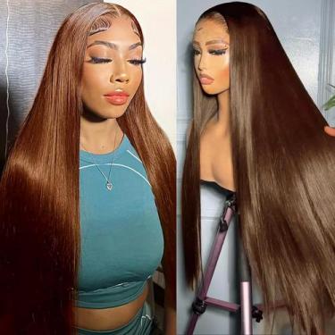 Imagem de Peruca AUOU de renda marrom chocolate frontal 32" 200% densidade HD