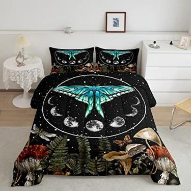 Imagem de Erosebridal Conjuntos De Edredom Cama Com Estampa Traça Gótica Azul, Cogumelos Alucinantes Boêmios, Fases Da Lua, Acolchoado Borboleta E Libélula, Estrelas Brilhantes Psicodélicas Galáxia
