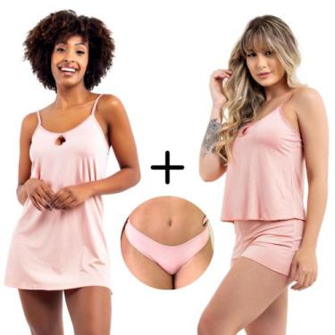 Imagem de Kit Camisola e Short Doll Sem Bojo Conforto + 2 Calcinhas - Viére, Ros