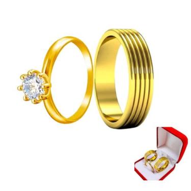 Imagem de Aliança 6mm Dourado Com Frisos Tradicional Anatomica + Solitario 2mm A