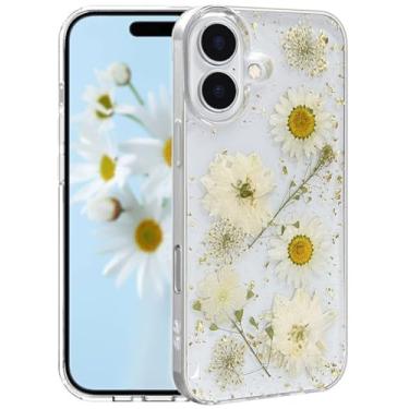 Imagem de CEOKOK Capa floral transparente para iPhone 16 Plus com flores de ouro branco prensadas de verdade, lindo glitter, fino, macio, TPU transparente, proteção feminina