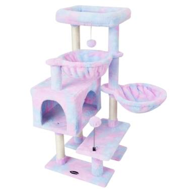 Imagem de KIYUMI Condomínio de torre de gato com poste de sisal para arranhar gatos em ambientes internos com rede de poleiro e bola de gatinho, centro de atividades para animais de estimação, arco-íris