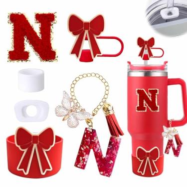 Imagem de Conjunto de 6 peças de acessórios para copo vermelho Stanley Cup 850 g 1,134 g copo com alça, incluindo tampa de cobertura de palha de silicone e bota de laço, tampa à prova de derramamento, pingente