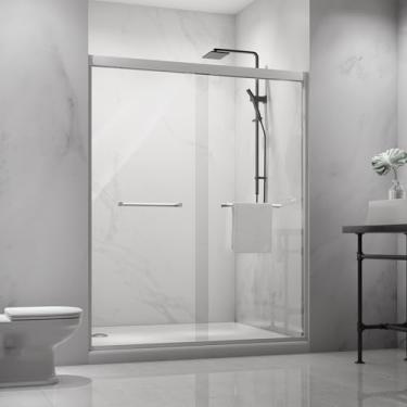 Imagem de Porta de chuveiro deslizante dupla com moldura de alumínio de níquel escovado com vidro temperado à prova de explosão de 6 mm (acabamento cromado, 60 x 72)