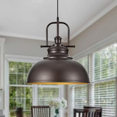 Imagem de TAKEGO Luminária pendente de fazenda grande de 40 cm, ilha de cozinha, luminária pendente rústica de bronze polido a óleo, luminária pendente de cúpula vintage, lâmpada de teto suspensa industrial