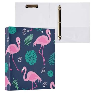 Imagem de Fichários de 3 cm com três anéis de flamingo rosa, folha de palmeira com bolsos, fichário de 3 furos para escritório escolar, pacote com 2