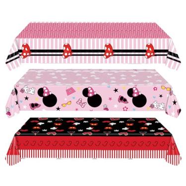 Imagem de T-Mogur 3 peças de toalha de mesa rosa com mouse de desenho animado de plástico para decoração de festa, toalhas de mesa retangulares descartáveis para chá de bebê, meninas, decoração de artigos de