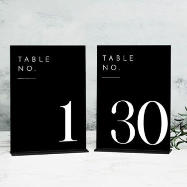 Imagem de JINMURY Números de mesa pretos de casamento 1-30 com suportes, números de mesa de acrílico pretos de 12,7 x 17,8 cm com fonte branca para recepção de festa de casamento (1-30, 12,7 cm x 17,8 cm)