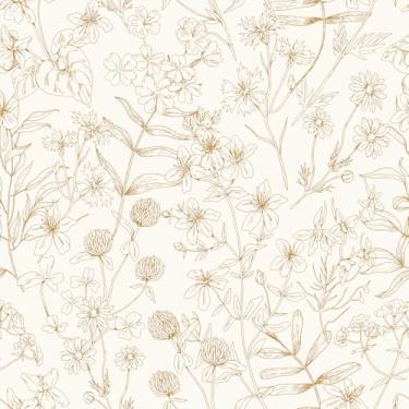Imagem de VEELIKE Papel de parede boho flores silvestres descascar e colar papel de parede floral dourado vintage para quarto, banheiro, casa de fazenda, 48 cm x 900 cm, papel de parede botânico autoadesivo