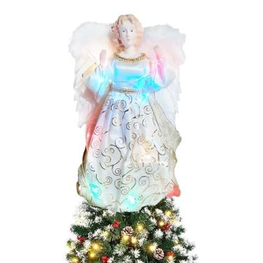 Imagem de Bogbago Anjo de topo de árvore de Natal de 31 cm – Enfeite de topo de árvore iluminado operado por bateria, decoração de Natal vintage iluminada para árvore de Natal interna dourada