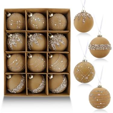 Imagem de IPOPU 12 bolas de Natal com glitter de veludo, 6 cm, enfeites de Natal, cáqui, enfeites de árvore de Natal, conjunto de bolas de Natal para decoração de centro de mesa de festa de casamento (Cáqui)