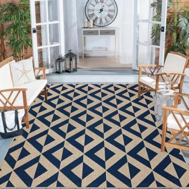 Imagem de USTIDE Tapete moderno de juta fácil para uso ao ar livre, 12 x 18 cm, lavável, azul, geométrico, para sala de estar, tapetes antiderrapantes para área de fazenda, tapete para quintal, escritório