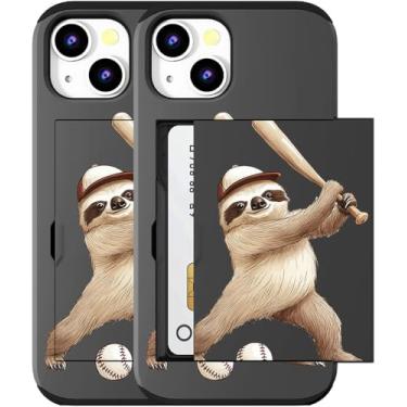 Imagem de MUQR Capa compatível com iPhone 15 com porta-cartão fofo - Design Kawaii, proteção contra quedas de nível militar, capa carteira robusta para mulheres (bola de beisebol preguiça preta)