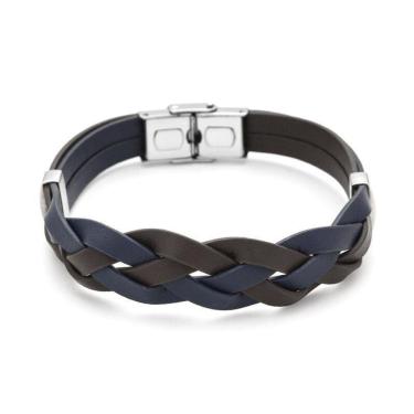 Imagem de Bracelete Aço 21Cm 4 Tiras Couro Marrom/Azul Trab. Trançado