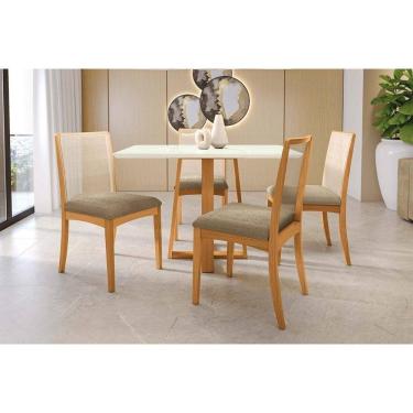 Imagem de Conjunto Sala de Jantar Elma Premium Madeira Maciça c/ Tampo Madeirado c/ Vidro 120x80cm e 4 Cadeiras Lara Carvalho/Off White - Boucle Bege Fendi-Kapp