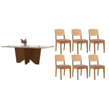 Imagem de Conjunto Sala de Jantar Nevada c/ Tampo Madeirado c/ Vidro Canto Curvo 180x90cm e 6 Cadeiras Havana Premium Naturale/Off White - Capuccino/Linho Capuc