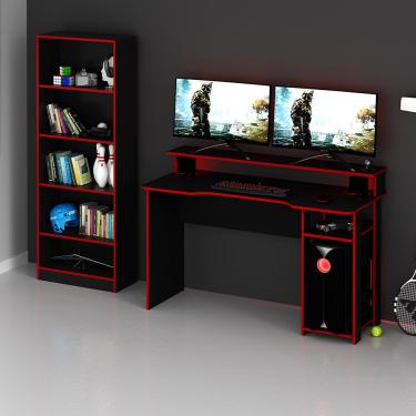 Imagem de Conjunto Mesa e Armário para Escritório Home Office Gamer Cool MDP Preto/Vermelho - Gran Belo
