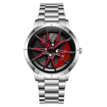 Imagem de Relógio de pulso masculino criativo 3D giratório com roda de carro, design de cubo de aro, moderno, quartzo, elegante, com pulseira de aço inoxidável, presentes para entusiastas de carros, T, prata