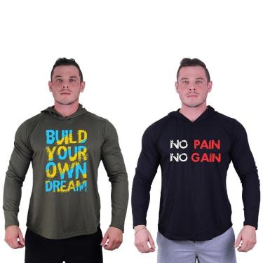 Imagem de Kit 2 Camisetas Manga Longa com Touca Longline Estampada Treino Academia Lazer Casual-Masculino