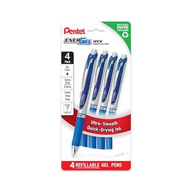 Imagem de Pentel Canetas de gel líquido EnerGel RTX ponta de agulha, ultrafinas (0,3 mm), tinta azul, sem plástico, pacote com 4 (BLN73PF4C)
