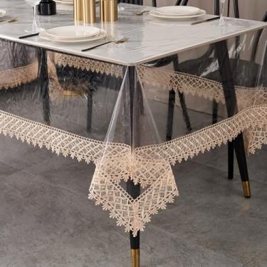 Imagem de LIBERECOO Toalha de mesa de vinil transparente com acabamento de renda Loral costurada, capa de mesa de plástico à prova d'água 137 x 187 cm com protetor de toalhas de mesa bordadas