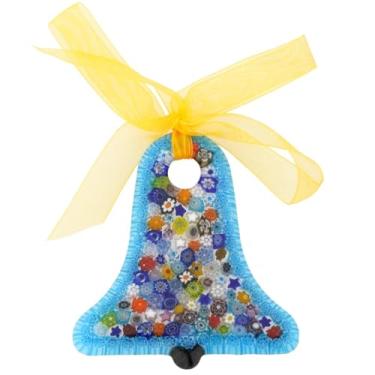 Imagem de Glass Of Venice Enfeite de árvore de Natal de sino de vidro murano com fita azul aqua e multicolorido - Enfeite de Natal pendurado para decoração de férias, feito à mão italiano